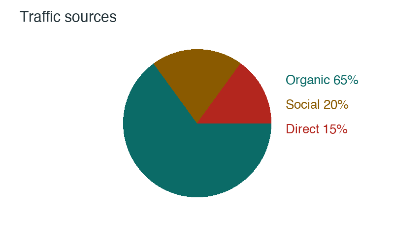 Visitors by source: Organic 65%, Social 20%, Direct 15%.